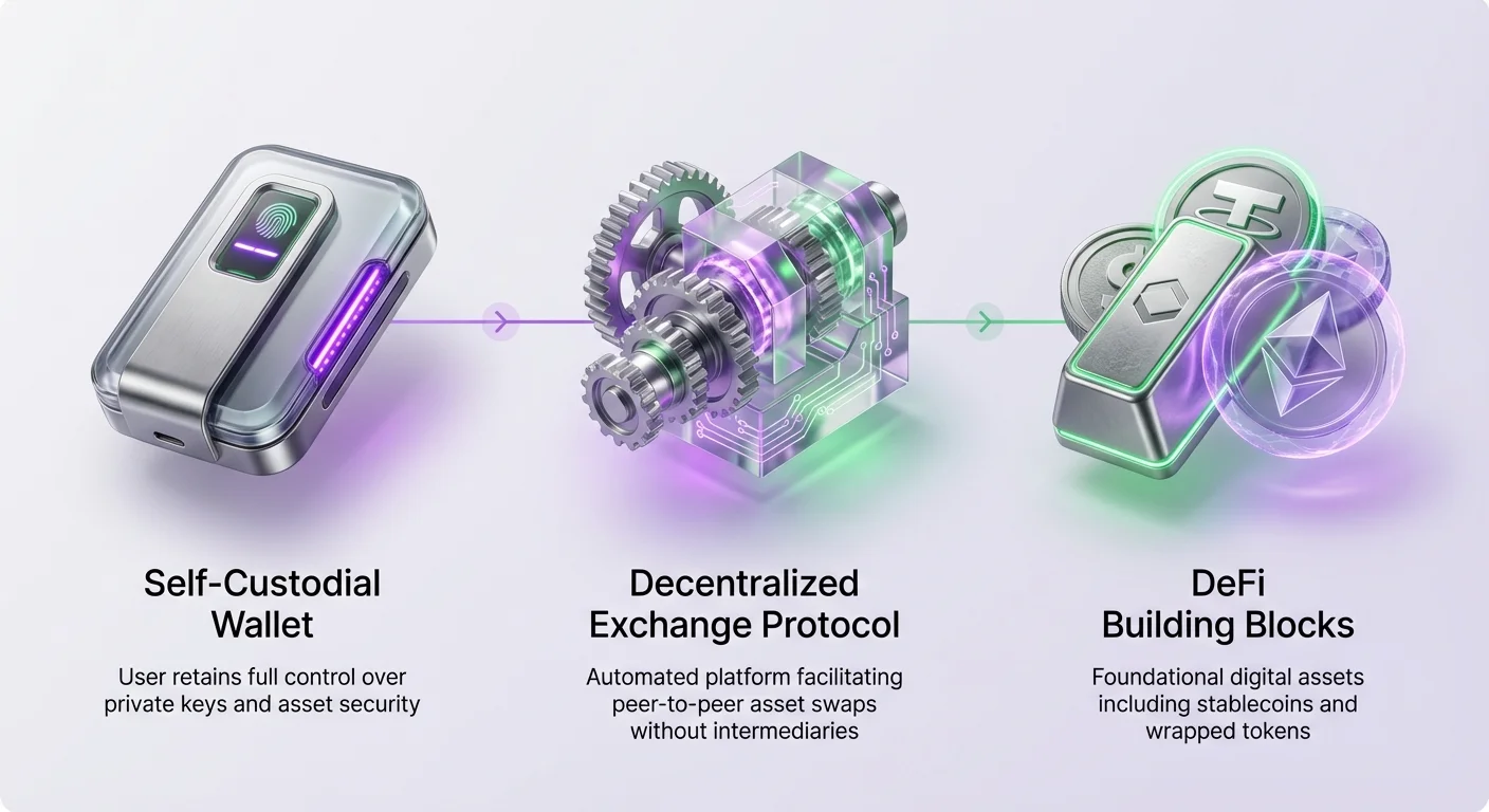 High-level infographic showing DEX acquisition flow with user's secure wallet, automated exchange mechanism, and resulting DeFi financial building blocks.