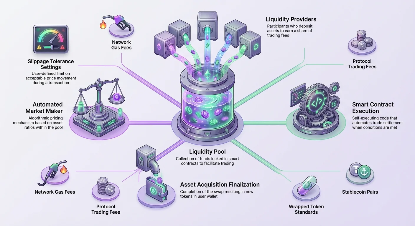 Infographic diagram of Decentralized Exchange mechanics: central Liquidity Pool powered by providers, governed by Automated Market Makers and smart contracts, showing fees and slippage.
