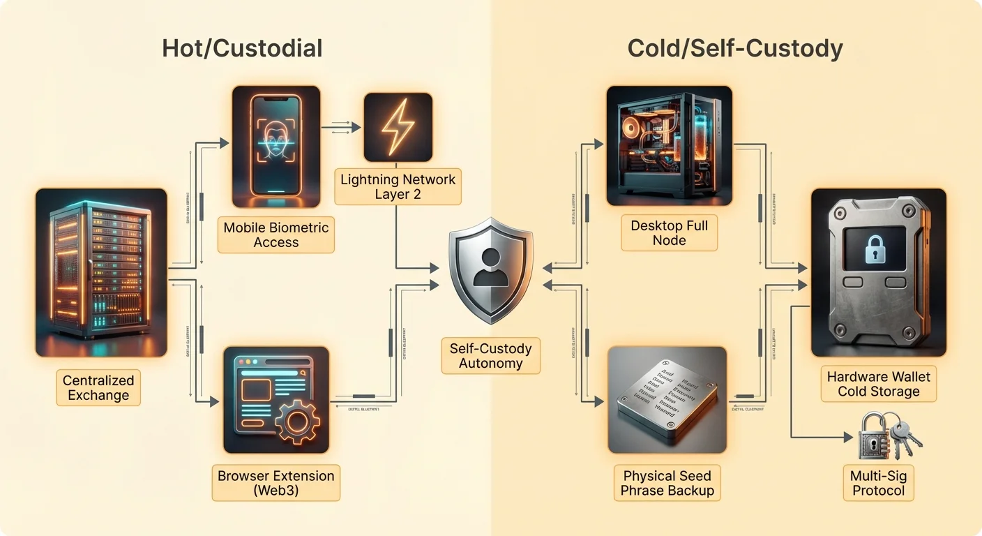 Infographic contrasting hot custodial side with centralized exchanges, mobile biometric access, and browser extensions against cold self-custody with hardware wallets, desktop nodes, multi-sig, and seed backups.
