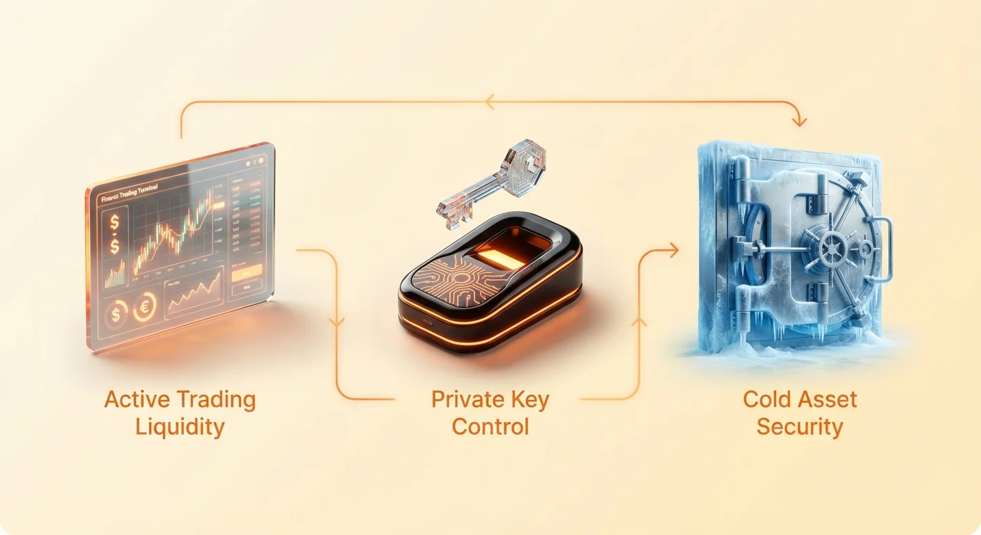 Simple infographic overview illustrating the cycle of active trading liquidity, central private key control, and ultimate cold asset security in cryptocurrency management.