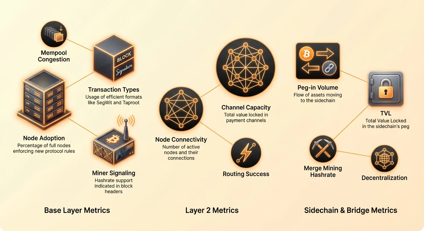 Detailed infographic organizing Bitcoin adoption metrics into clusters for Base Layer, Lightning Network Layer 2, and Sidechains & Bridges, enabling comparative ecosystem analysis.