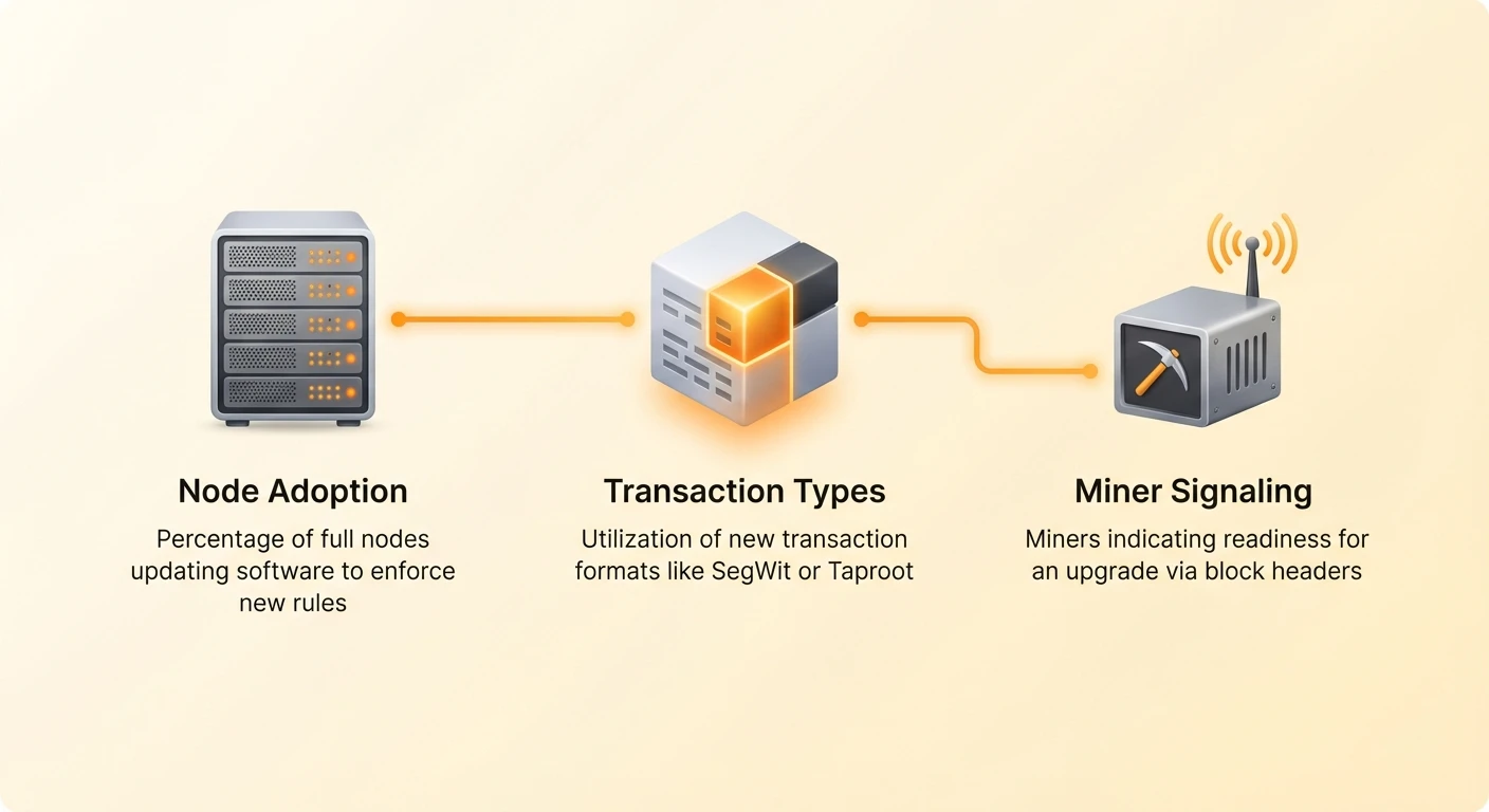 High-level infographic overview of core concepts for evaluating Bitcoin protocol upgrades, highlighting key pillars of adoption and signaling.