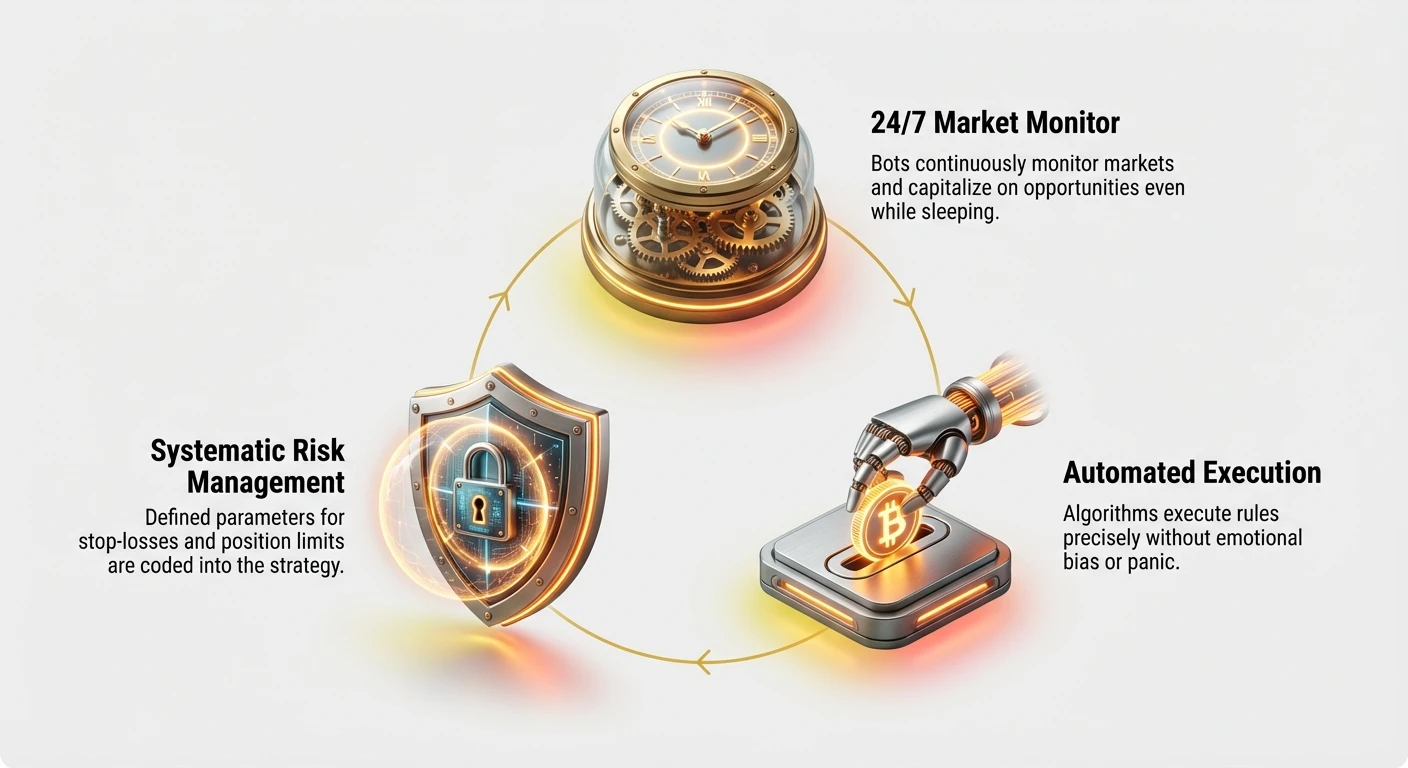 Infographic illustrating three key advantages of advanced trading bots: precise automated execution without emotional bias, 24/7 market monitoring, and systematic risk management with coded stop-losses.