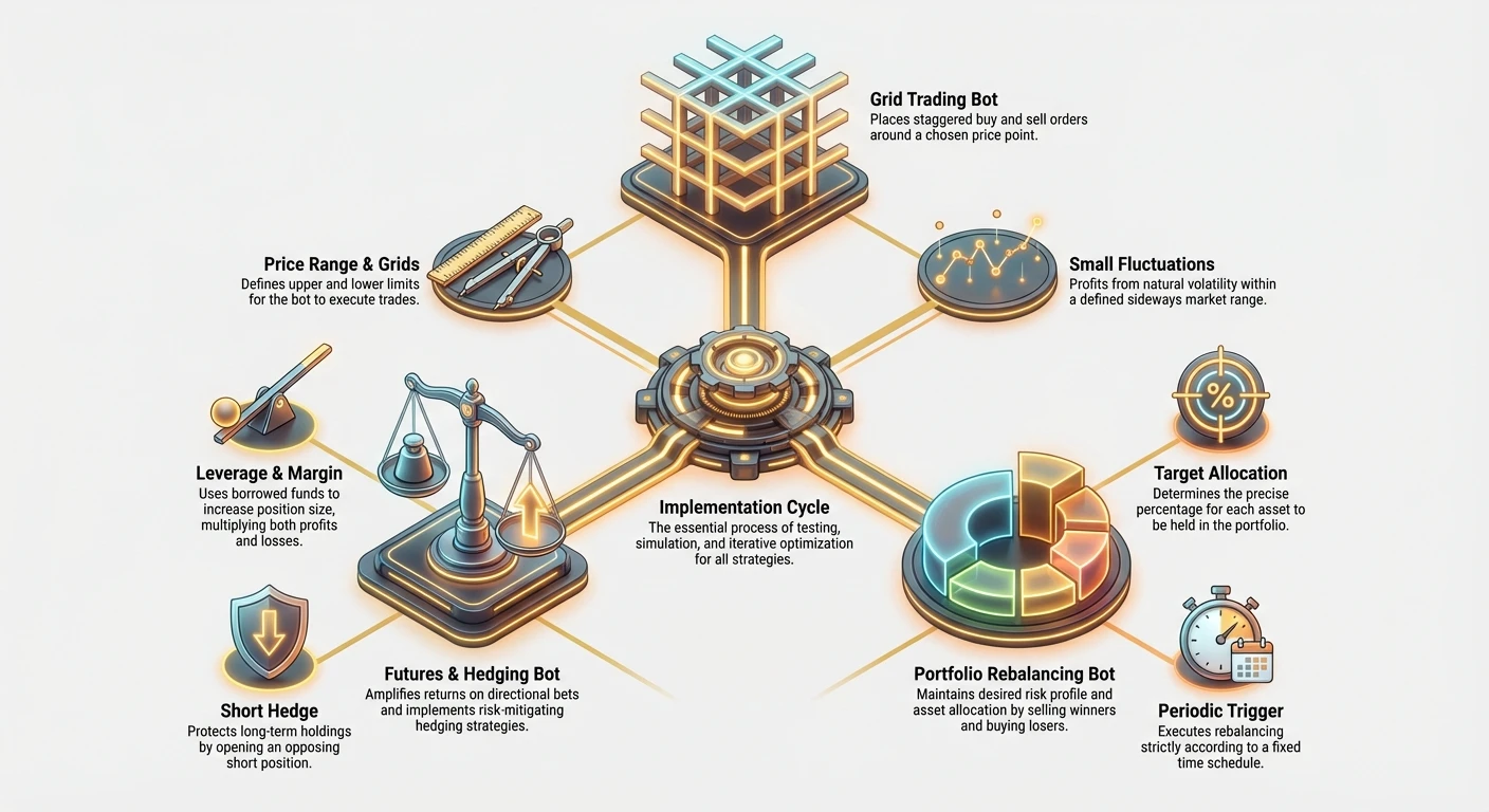 Infographic showing three trading strategies: grid trading, futures hedging, portfolio rebalancing, connected to implementation cycle with backtesting, paper trading, and continuous monitoring.