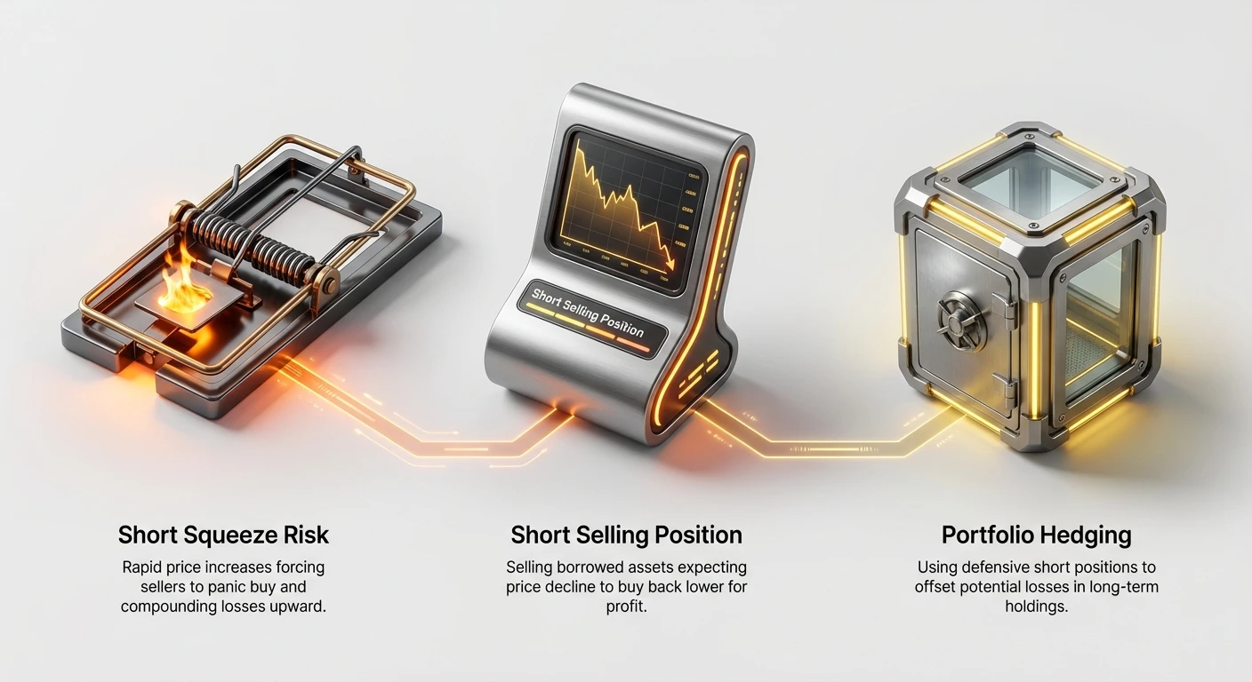 High-level visualization showing the mechanism, primary risk, and strategic use case of short selling in cryptocurrency markets.
