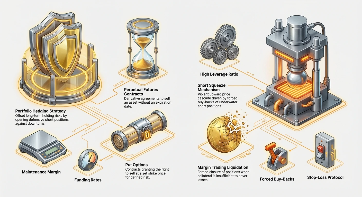 Detailed infographic comparing strategic shorting tools for hedging on the left with mechanics and risks of short squeeze on the right in crypto trading.