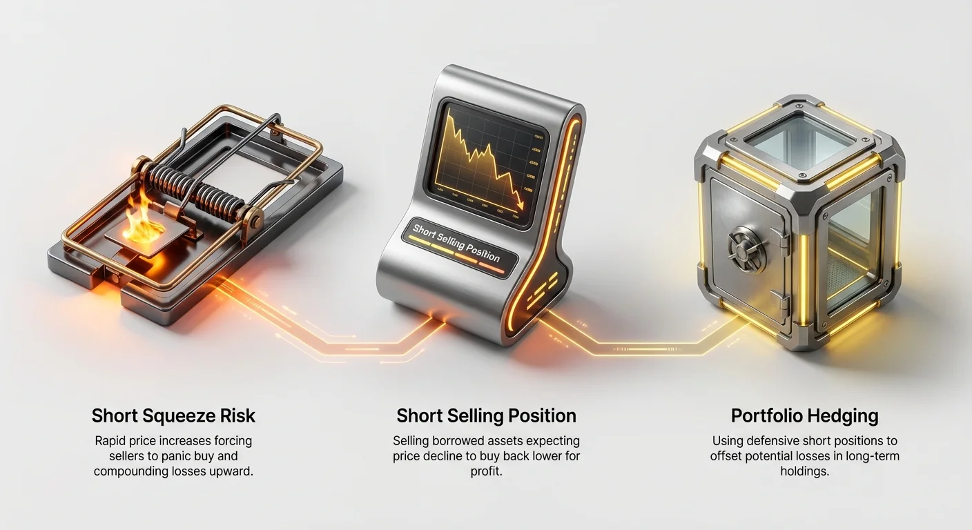 High-level visualization showing the mechanism, primary risk, and strategic use case of short selling in cryptocurrency markets.