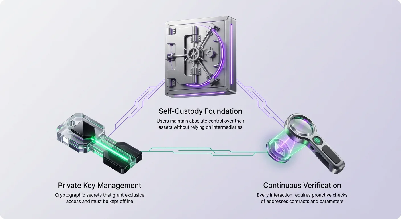 Clean infographic overview of DeFi security foundations, highlighting self-custody for asset control, offline private key management, and continuous verification of addresses, contracts, and parameters.