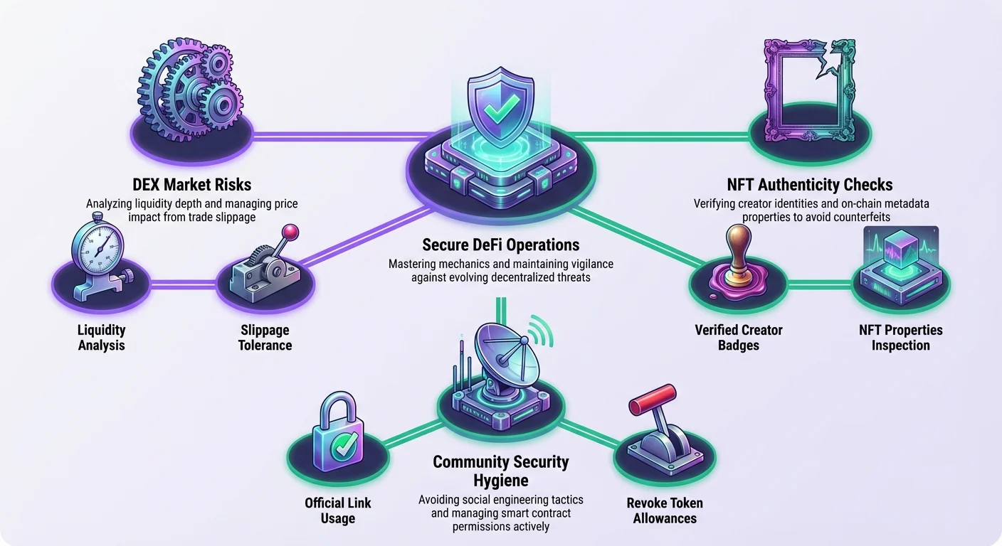 Hub-and-spoke infographic on secure DeFi operations, covering DEX market risks like liquidity and slippage, NFT authenticity checks, community security against social engineering, and key mitigation tips.