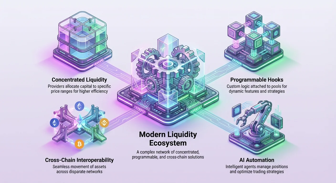 Detailed infographic showing the modern liquidity ecosystem with a central hub integrating concentrated liquidity, programmable features, cross-chain capabilities, and AI-driven automation in advanced DEXs.
