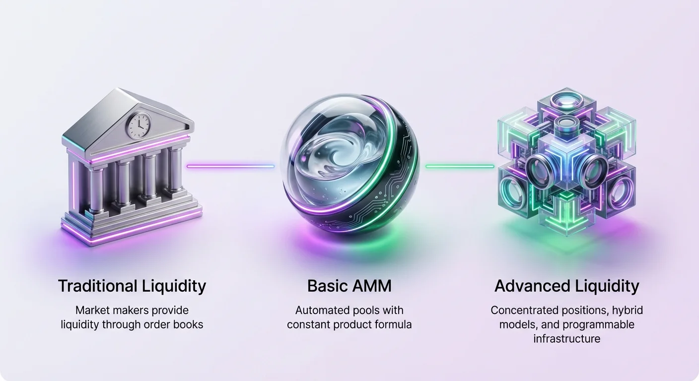 High-level infographic overview of liquidity provision evolution from traditional finance to basic AMMs and advanced intelligent systems.