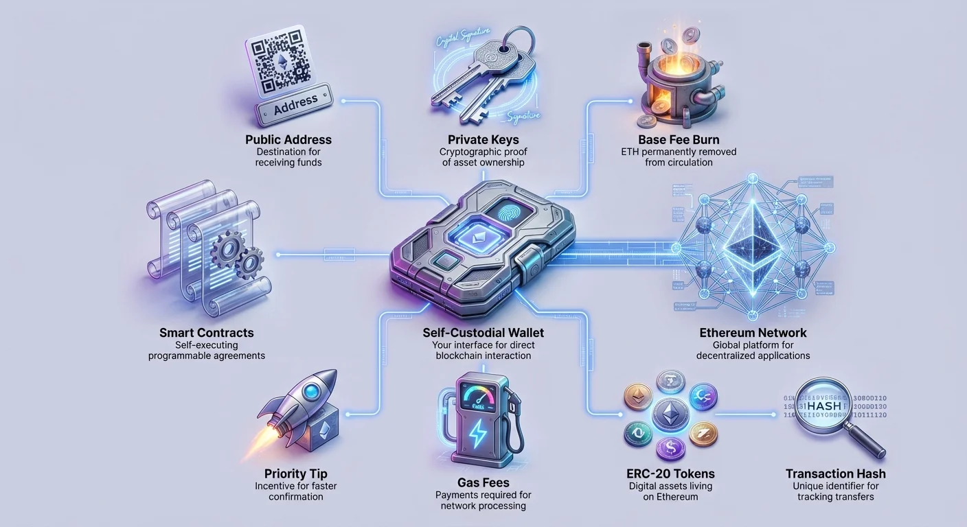 Hub-and-spoke infographic with self-custodial wallet at center linking to Ethereum network, private keys, gas fees, smart contracts, public address, base fee burn, priority tip, ERC-20 tokens, and transaction hash.