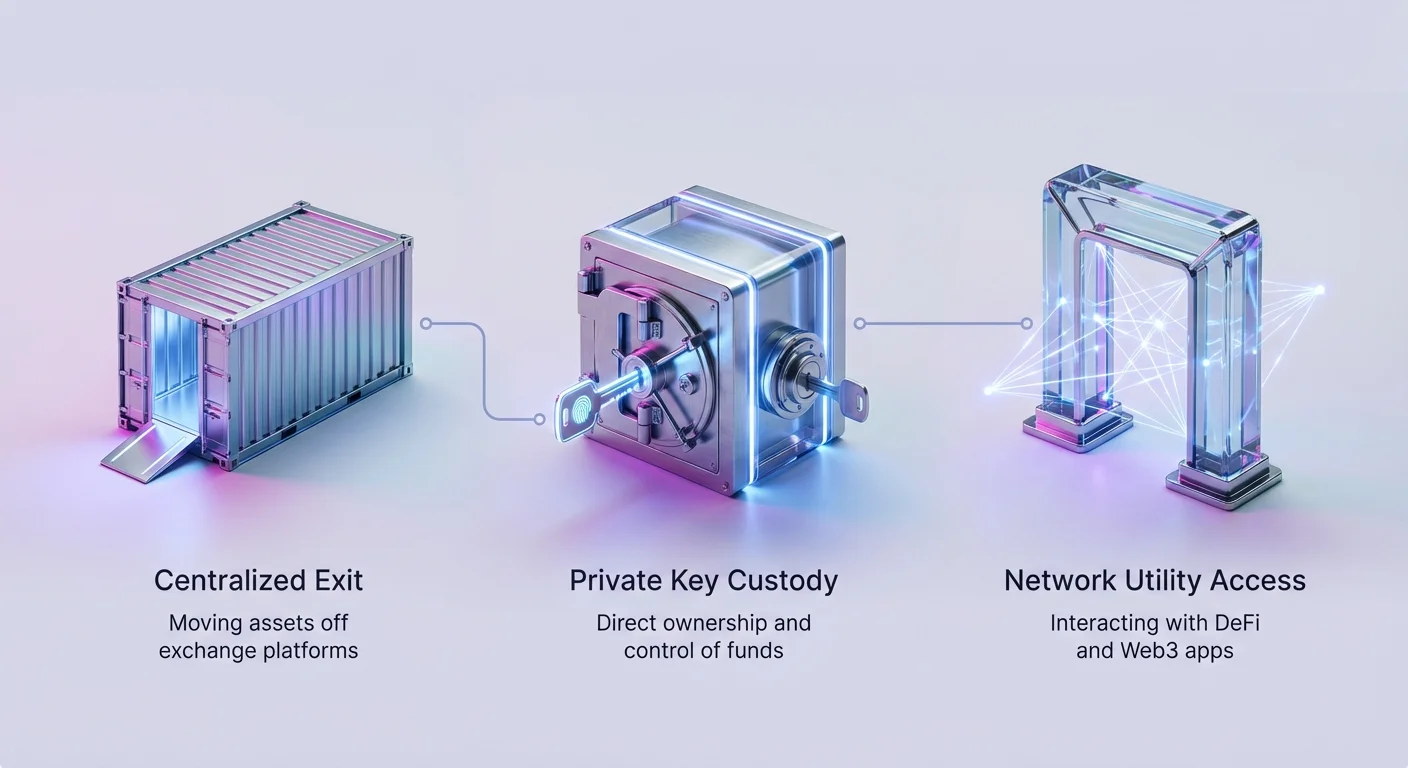Infographic flow from centralized exit (moving assets off exchanges), to private key custody (direct fund ownership), to network utility access (DeFi and Web3 interaction).