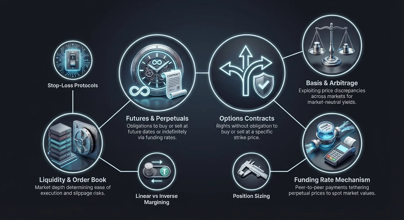 Detailed infographic on advanced crypto trading instruments including futures, perpetuals, options, with explanations of arbitrage, funding rates, liquidity, stop-loss, margining, and position sizing.