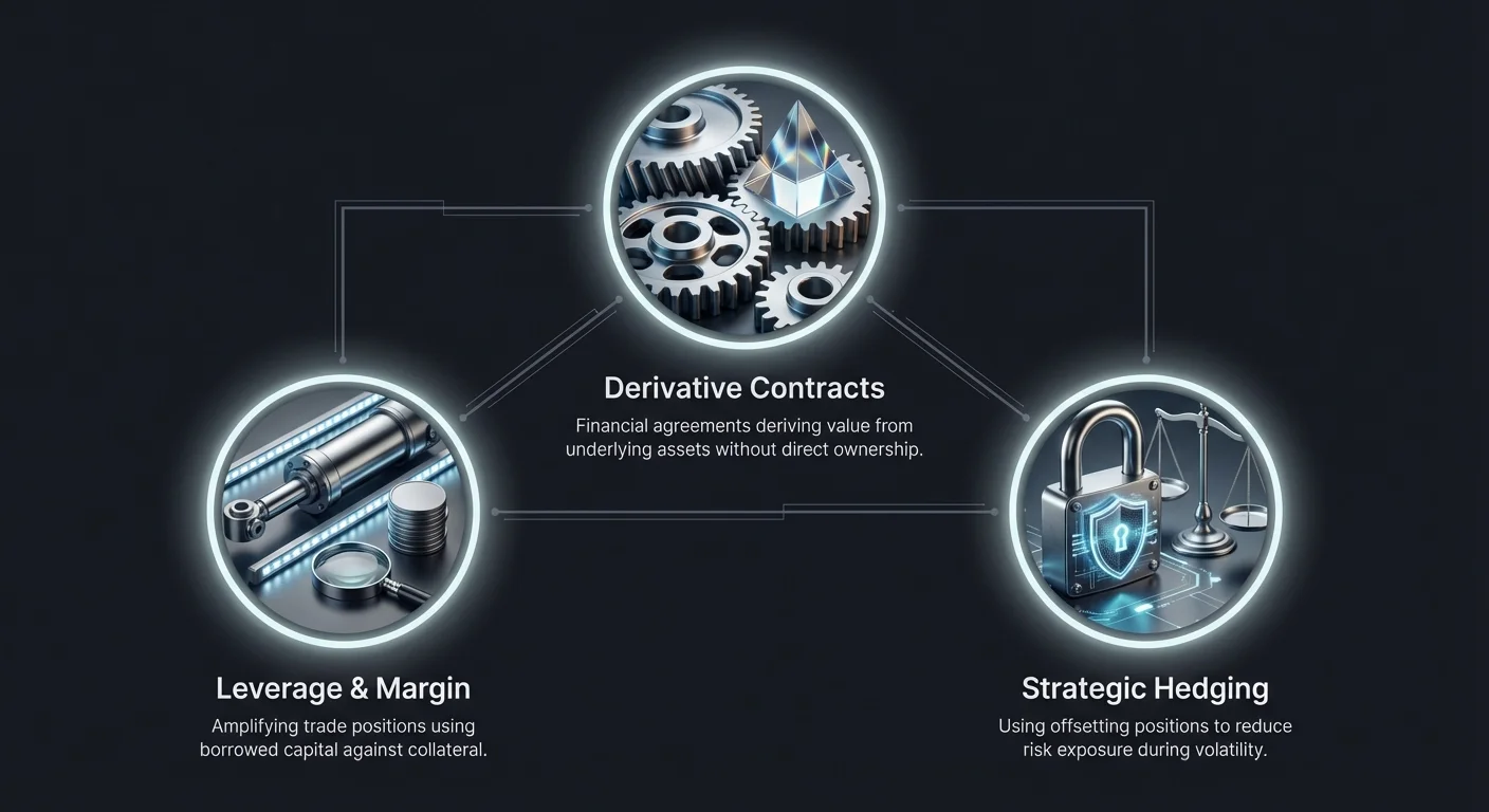 Infographic overview of three foundational pillars in advanced crypto trading: derivative contracts, leverage and margin, and strategic hedging for risk management.