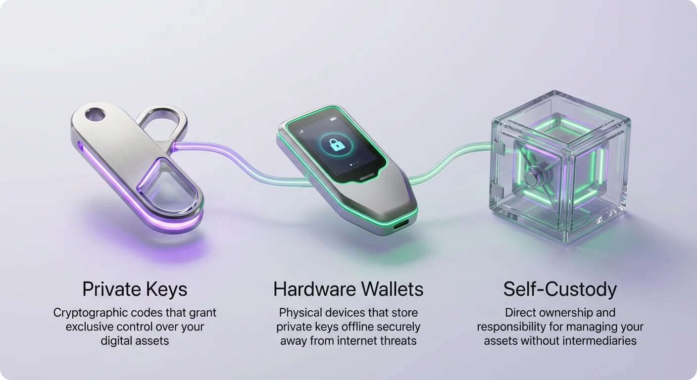 Clean high-level infographic showing the self-custody journey: from possessing private keys, to using a hardware wallet, and achieving secure self-custody.