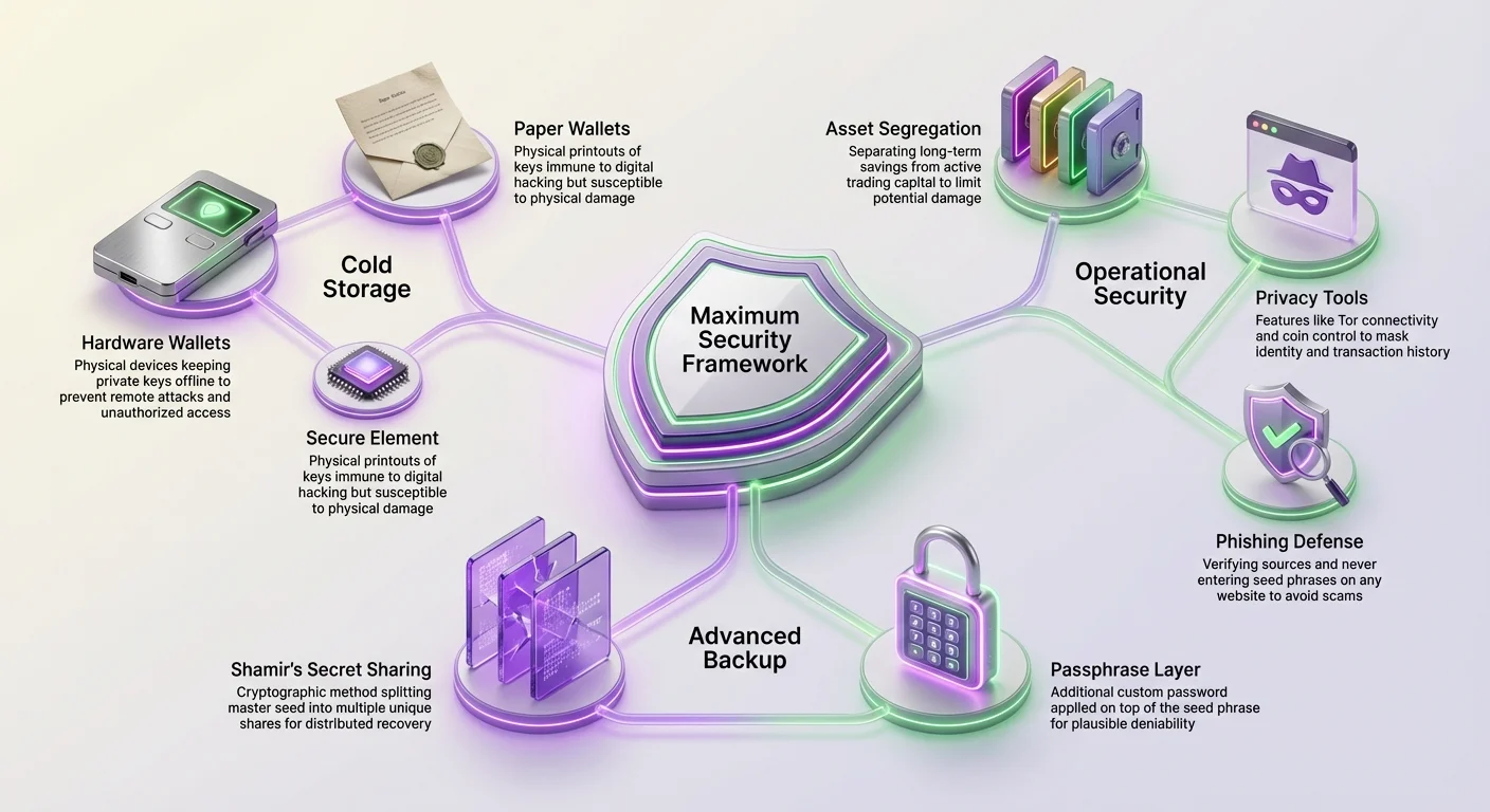 Infographic with hub-and-spoke layout illustrating hardware wallet's maximum security framework, combining cold storage, advanced backup, and operational security for robust defense.