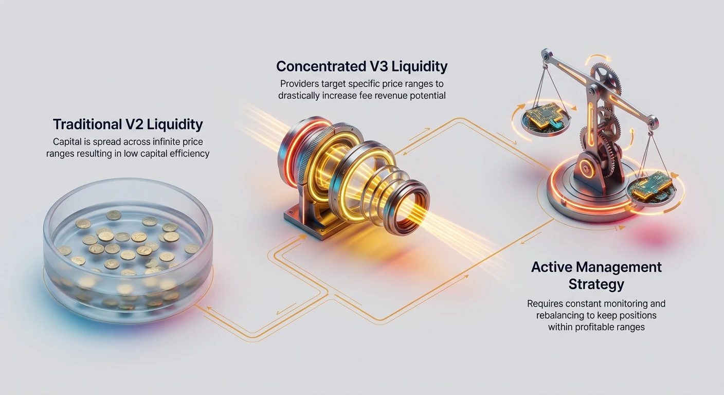 Infographic overview contrasting Traditional V2 Liquidity spread across infinite price ranges with low efficiency, Concentrated V3 Liquidity targeting specific ranges for higher fees, and Active Management requiring monitoring and rebalancing.