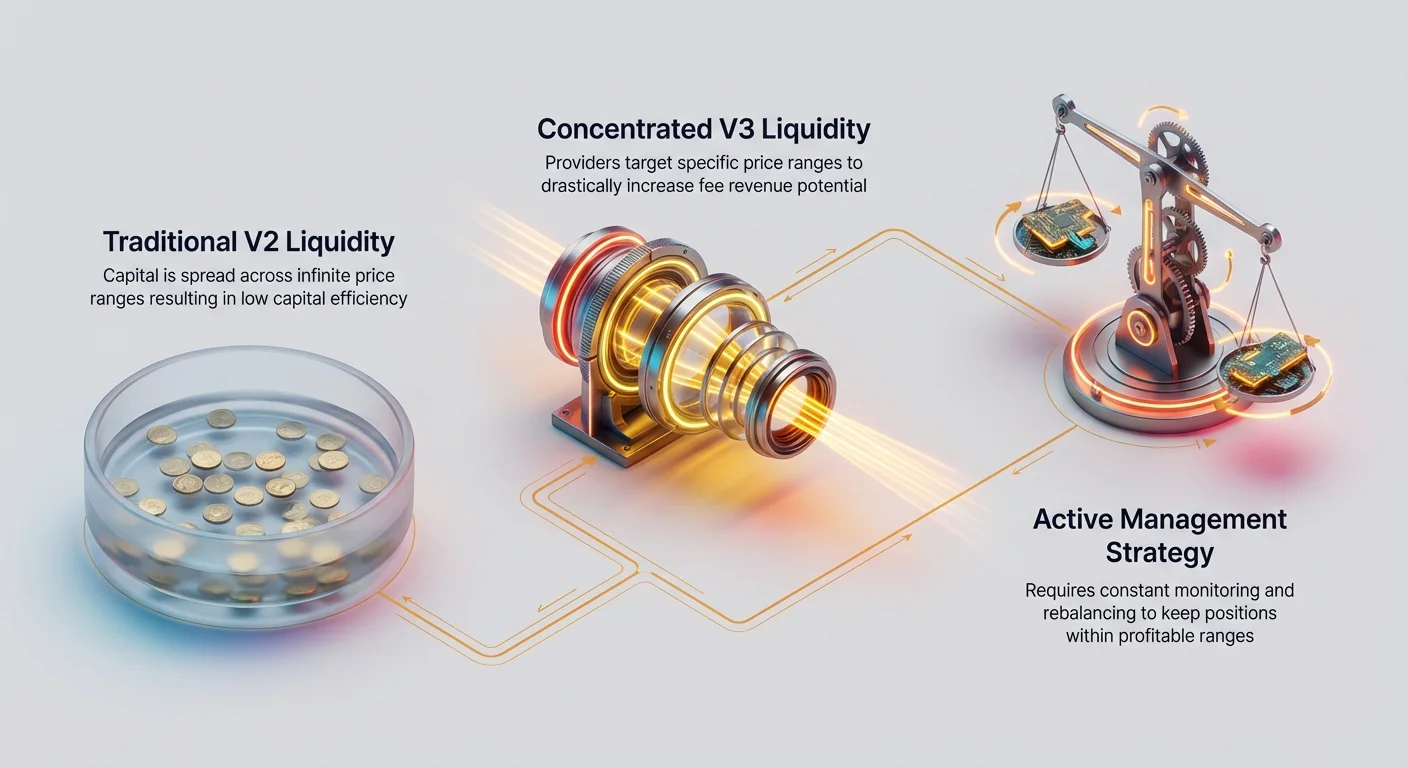 Infographic overview contrasting Traditional V2 Liquidity spread across infinite price ranges with low efficiency, Concentrated V3 Liquidity targeting specific ranges for higher fees, and Active Management requiring monitoring and rebalancing.
