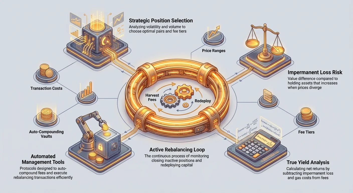 Infographic showing DeFi V3 liquidity management lifecycle: strategic position selection, active rebalancing loop, impermanent loss risks, true yield analysis, transaction costs, and automated tools.