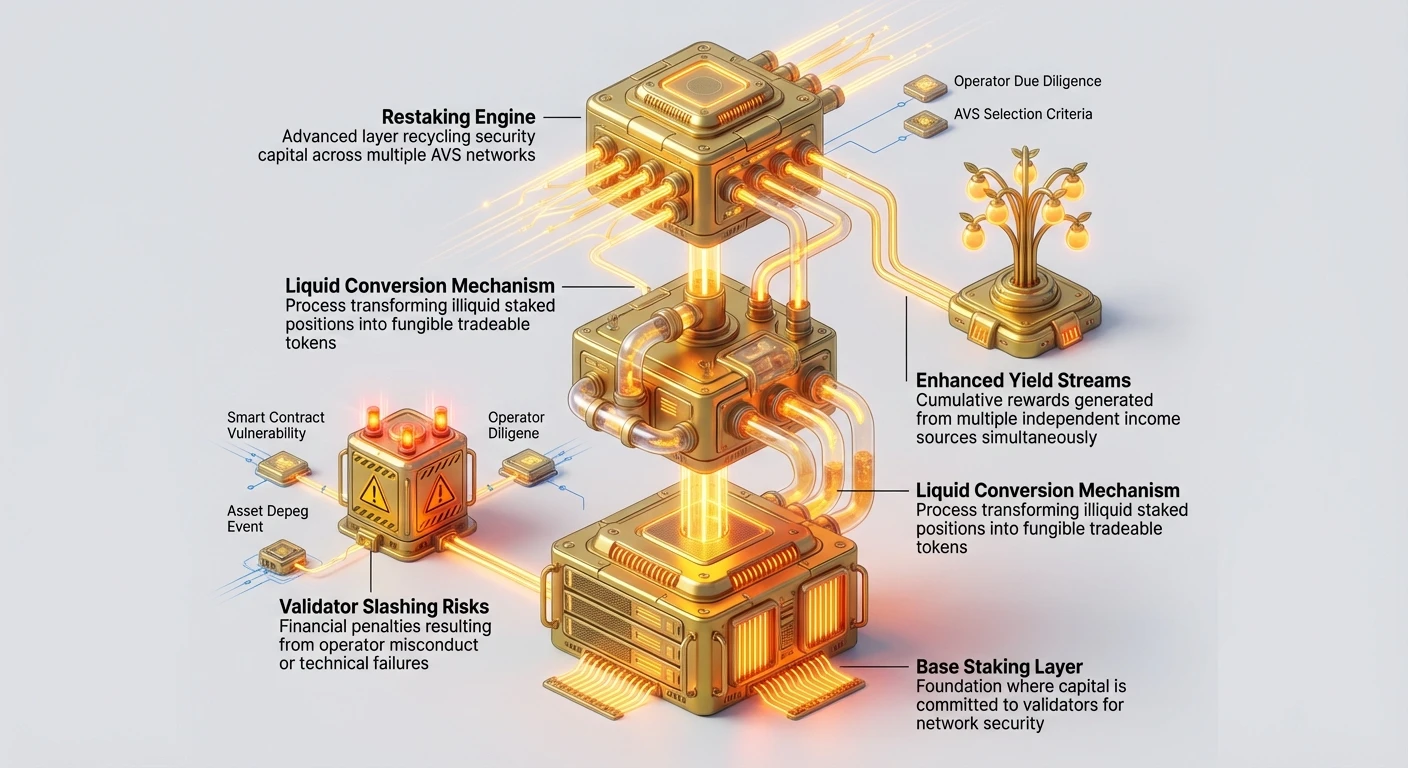 Detailed infographic with vertical stack layout showing staking layers building upon each other, branching to detail associated risks and rewards.