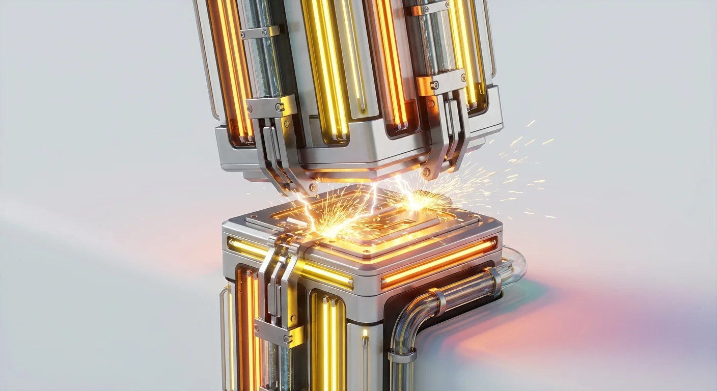 Dynamic freeze-frame shows a new module precisely locking onto a staking base structure, emitting a vibrant energy burst at the connection point.