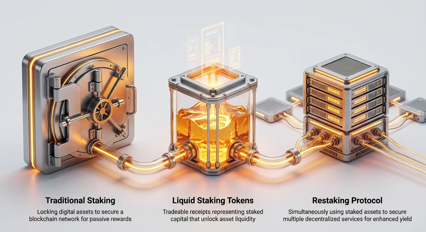 Infographic showing a high-level sequential view of the three core concepts that make up the Staking Stack.