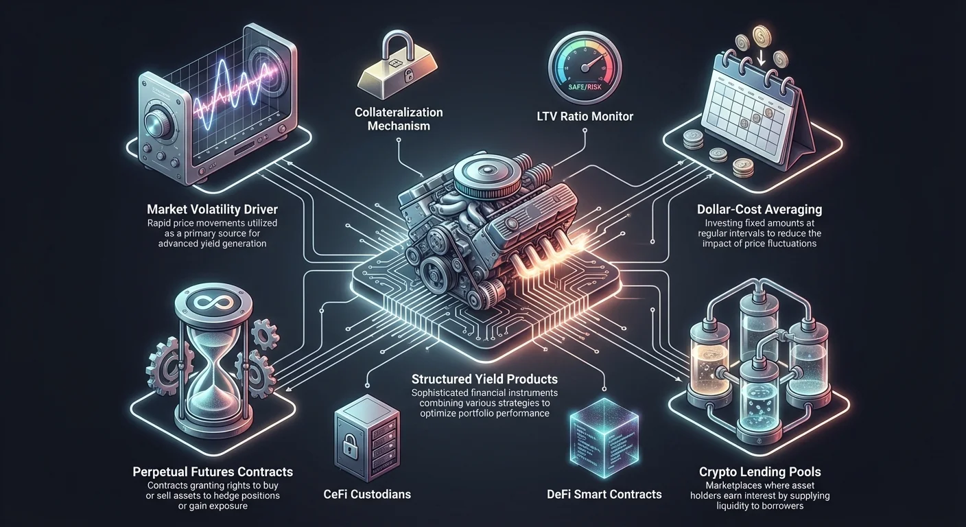 Detailed infographic illustrating advanced cryptocurrency yield strategies with structured yield products, dollar-cost averaging, crypto lending pools, perpetual futures contracts, and mechanisms like LTV ratios and smart contracts.