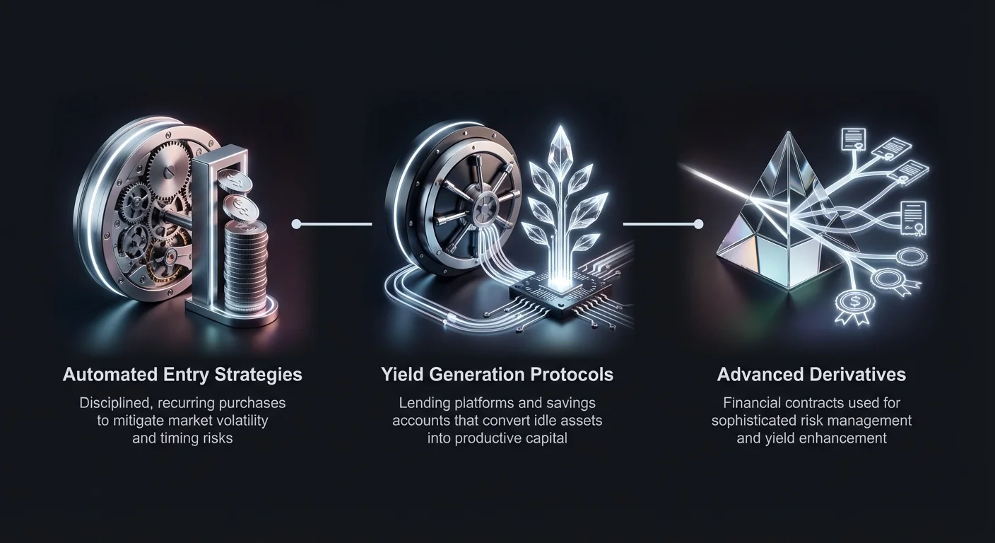 Simple infographic overview of advanced crypto yield strategies with three nodes: automated entry for volatility mitigation, yield protocols via lending platforms, and advanced derivatives for risk management.