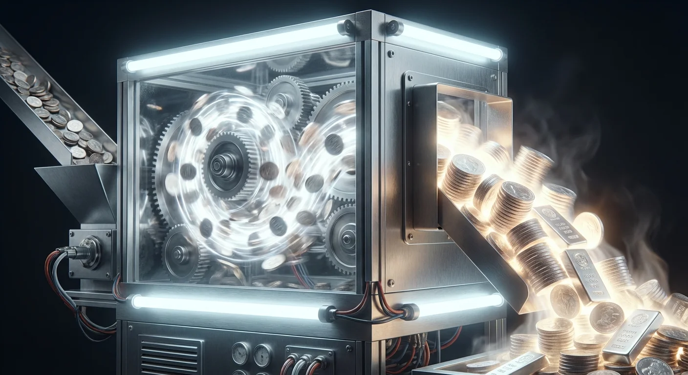Thumbnail of a dynamic yield engine machine: small crypto coins enter one end, processed with intense light and motion blur, emerging as massive glowing coin stacks symbolizing compounding growth.