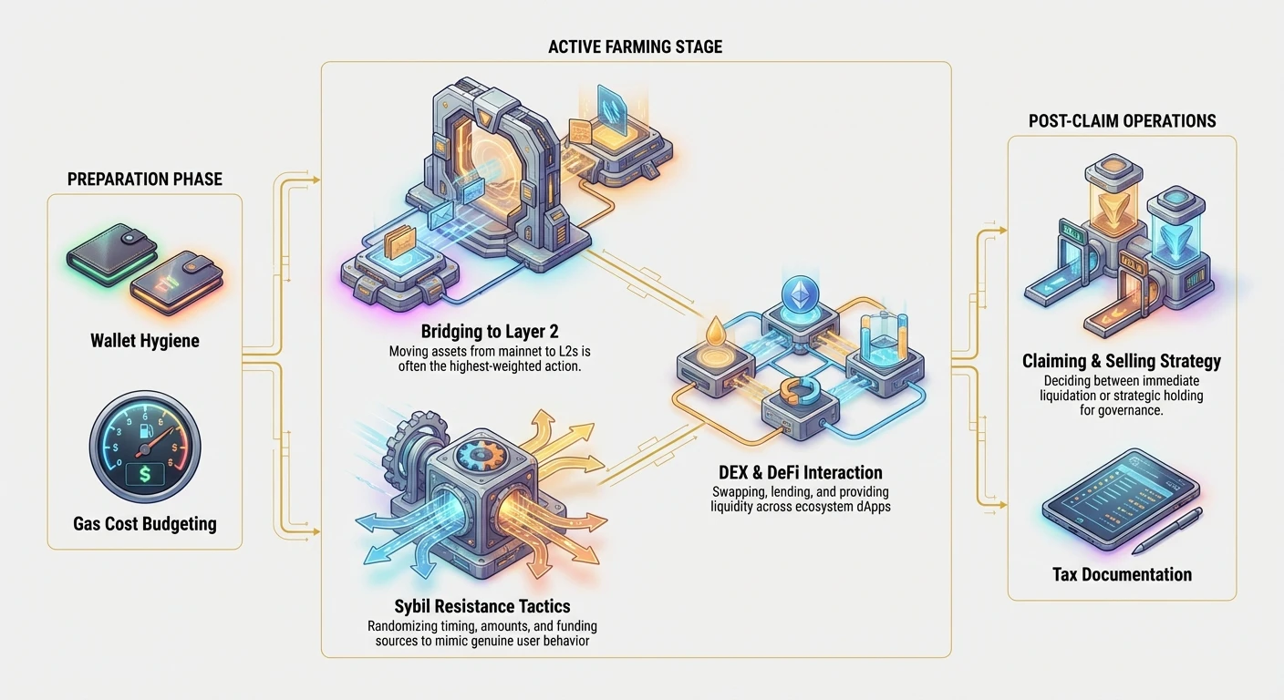 Infographic depicting airdrop farming workflow phases: preparation with Layer 2 bridging and Sybil resistance, active DEX/DeFi interactions, post-claim claiming/selling, wallet hygiene, gas budgeting, and taxes.