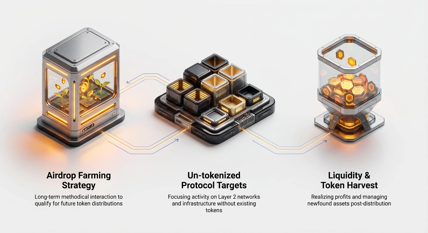 Infographic overview of airdrop farming: long-term interactions with un-tokenized Layer 2 protocols for future tokens, plus liquidity and token harvest management post-distribution.