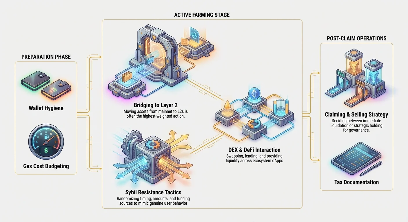 Infographic depicting airdrop farming workflow phases: preparation with Layer 2 bridging and Sybil resistance, active DEX/DeFi interactions, post-claim claiming/selling, wallet hygiene, gas budgeting, and taxes.