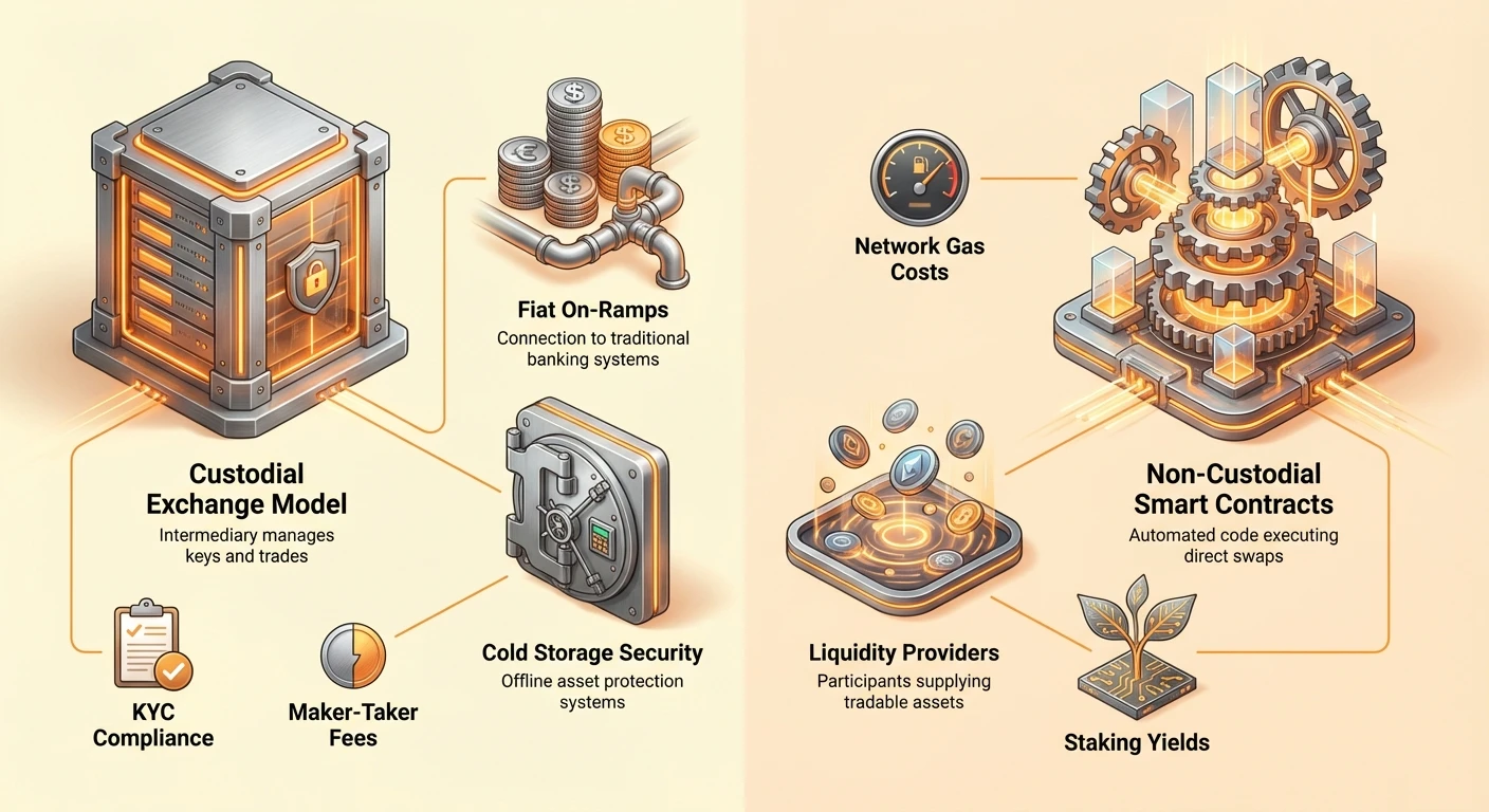 Detailed infographic comparing custodial exchange models and non-custodial smart contracts for altcoin platforms, with icons for fiat on-ramps, cold storage, liquidity, KYC, fees, gas costs, and staking yields.