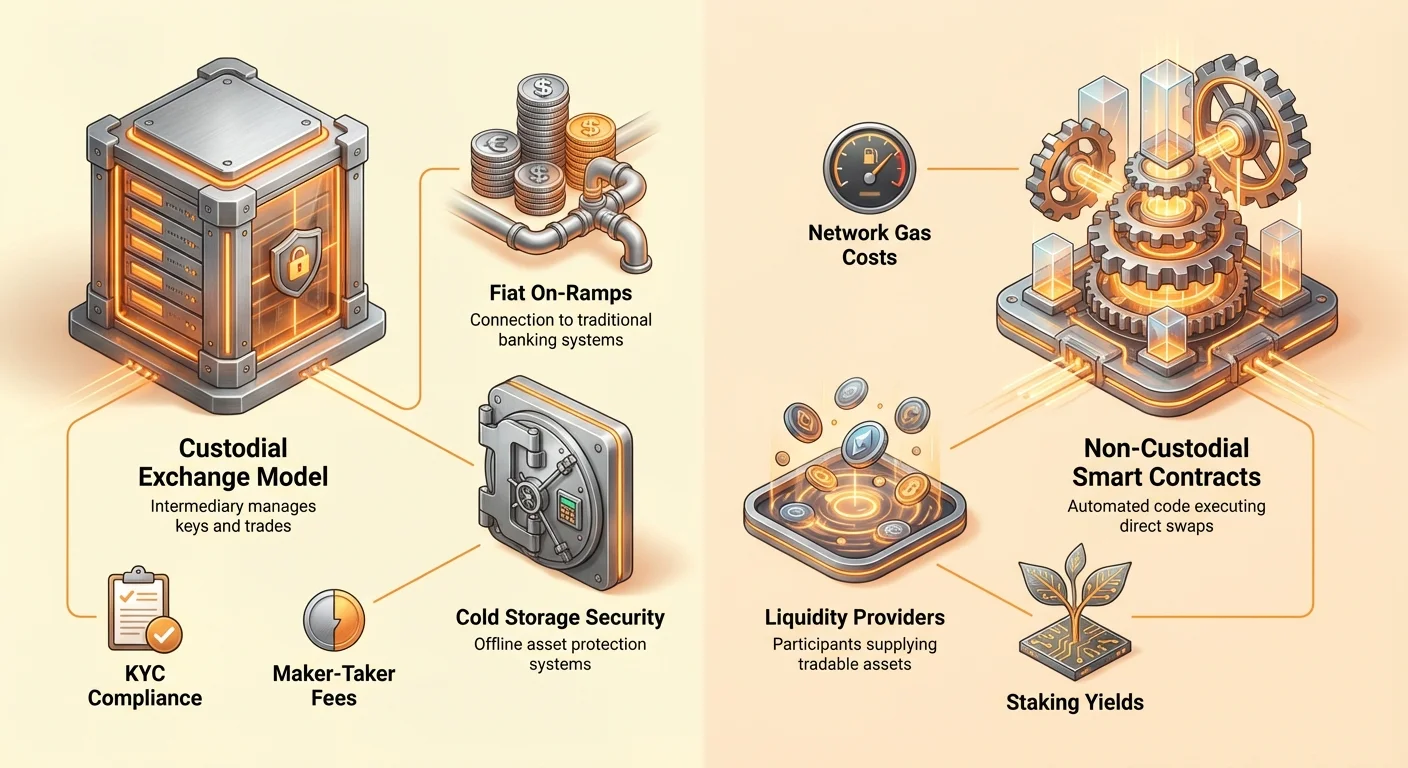 Detailed infographic comparing custodial exchange models and non-custodial smart contracts for altcoin platforms, with icons for fiat on-ramps, cold storage, liquidity, KYC, fees, gas costs, and staking yields.