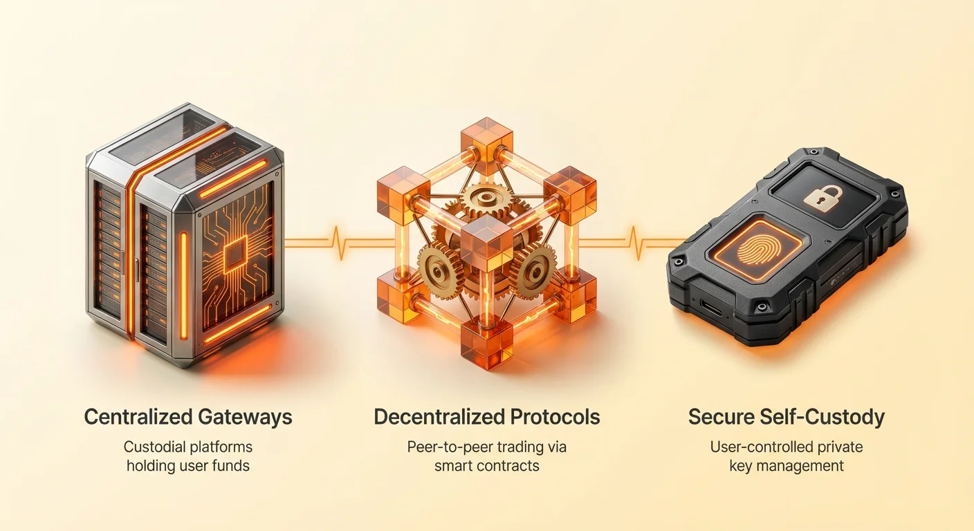Simple overview infographic of three crypto pillars: centralized custodial gateways, decentralized smart contract protocols, and secure user self-custody with orange neon icons.