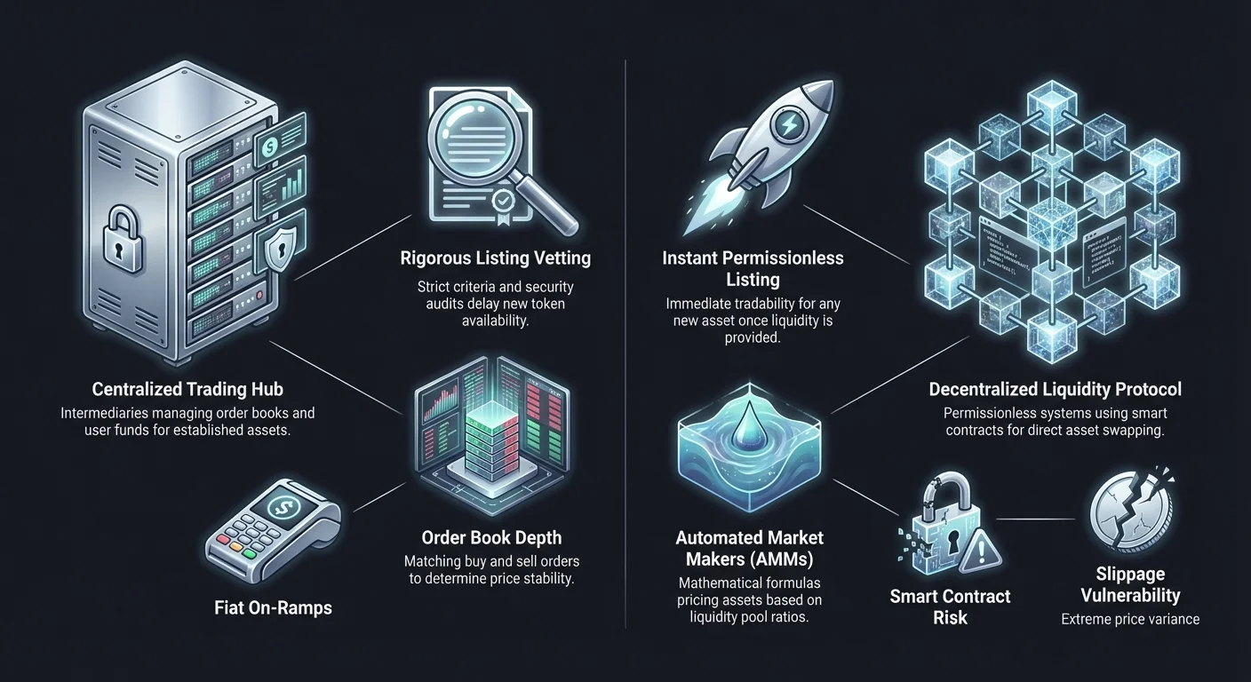 Infographic comparing centralized and decentralized exchanges for low-cap altcoins, with icons for trading hubs, listing vetting, order books, AMMs, fiat ramps, smart contract risks, and slippage.