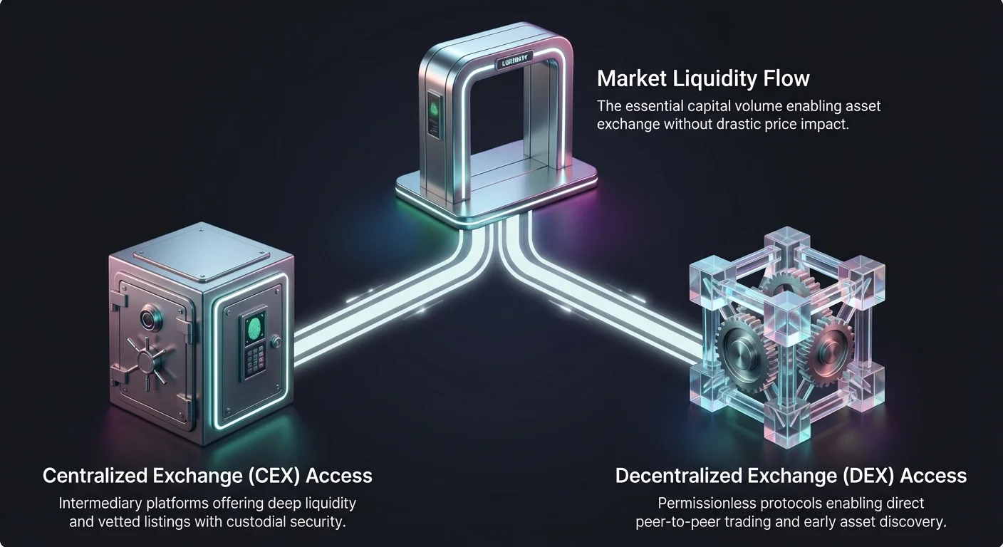 Infographic overview of Centralized Exchange (CEX) access with deep liquidity, Decentralized Exchange (DEX) access for peer-to-peer trading, and market liquidity flow connecting them for low-cap altcoins.