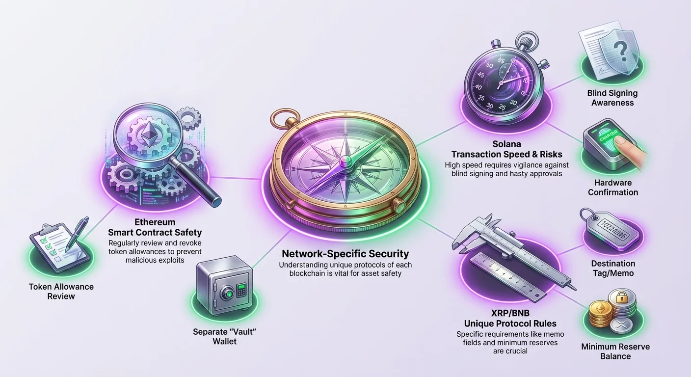 Detailed infographic clustering unique security risks and best practices for Ethereum, Solana, XRP, and BNB networks, stressing tailored approaches for each blockchain ecosystem.