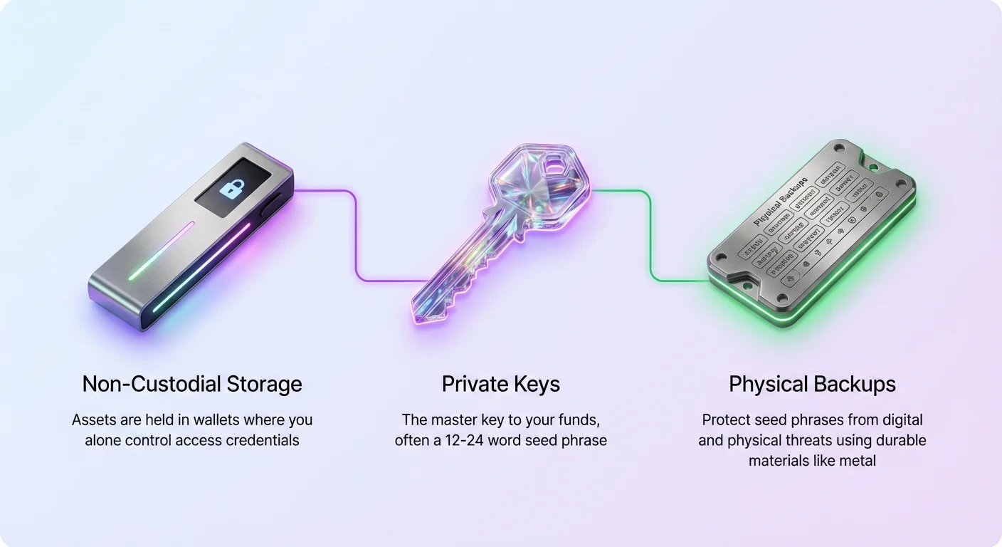 Simple overview infographic showing pillars of non-custodial security: journey from self-custody storage, private keys control, to physical backups safety net.