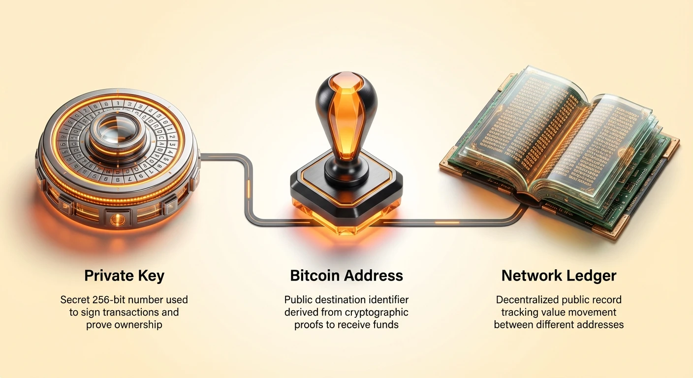 Simple infographic overview of Bitcoin address as public destination for funds, private key as secret ownership control, and network ledger as decentralized record of value transfers.