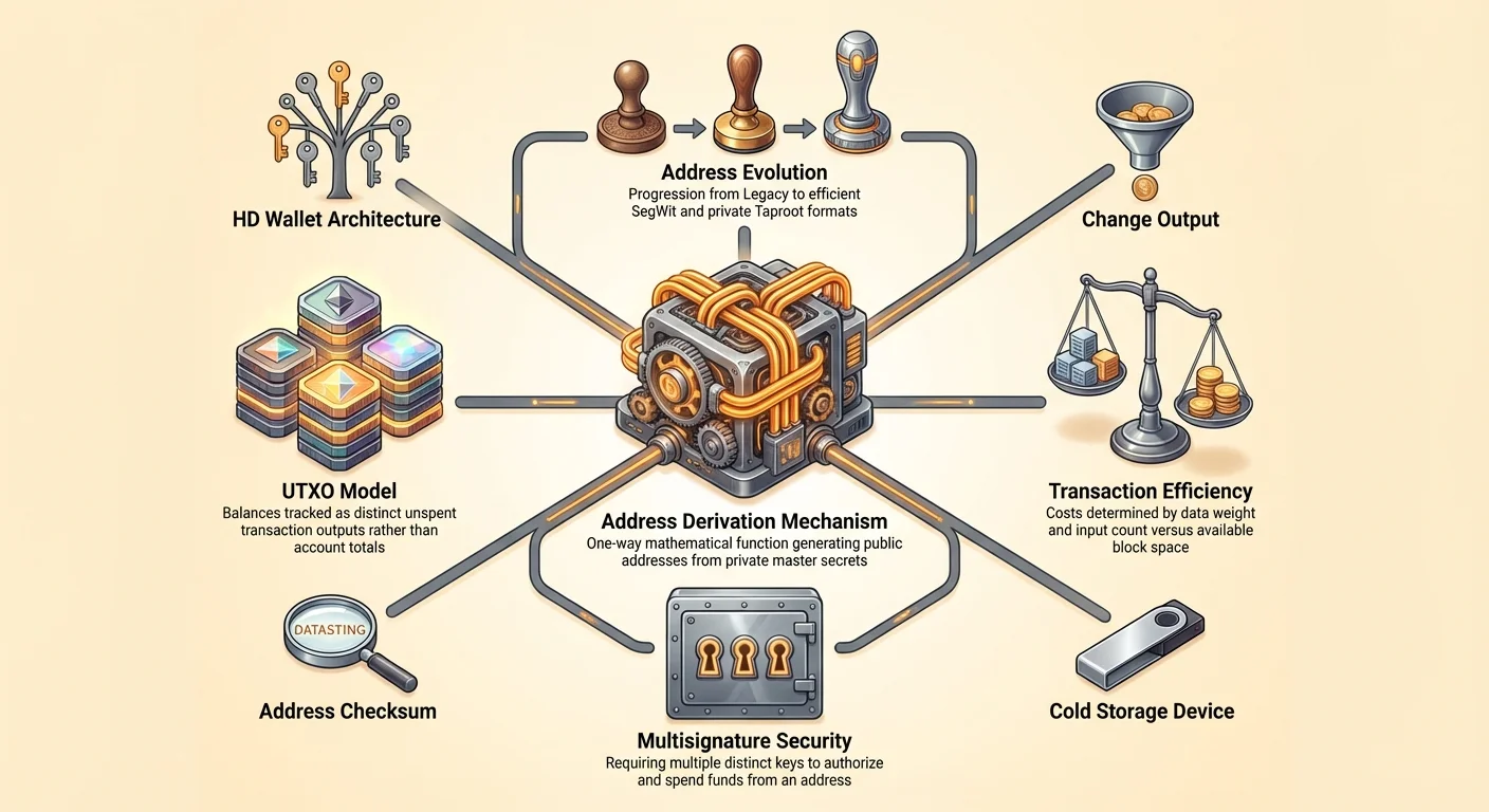 Hub-and-spoke infographic with central Bitcoin address derivation mechanism and UTXO model, branching to address evolution, transaction efficiency, multisig security, HD wallets, change outputs, checksums, and cold storage.