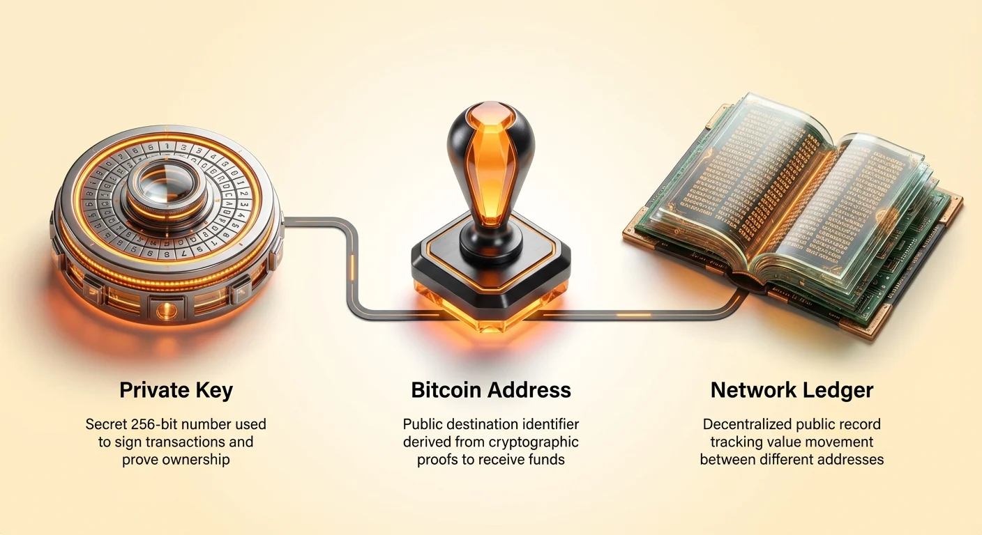 Simple infographic overview of Bitcoin address as public destination for funds, private key as secret ownership control, and network ledger as decentralized record of value transfers.