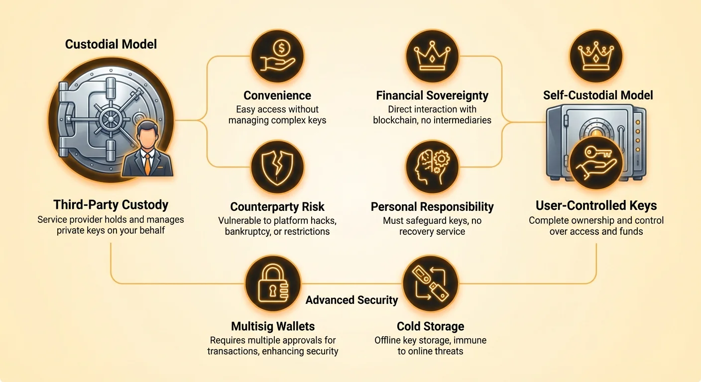 Infographic detailing custodial versus self-custodial wallet models, their benefits and risks, plus advanced security like multisig and cold storage for digital assets.