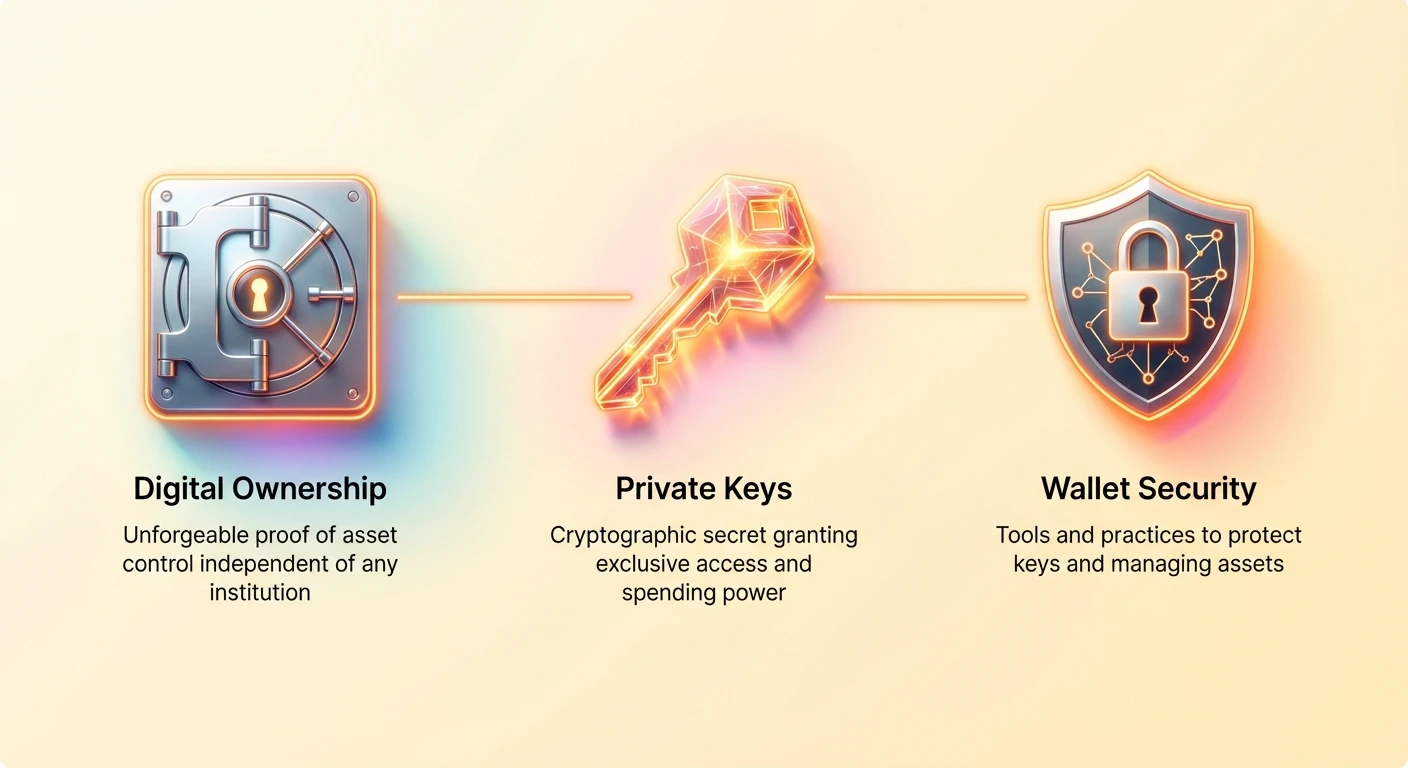 High-level infographic summarizing the nature of digital ownership, the critical role of private keys, and the importance of securing crypto wallets.