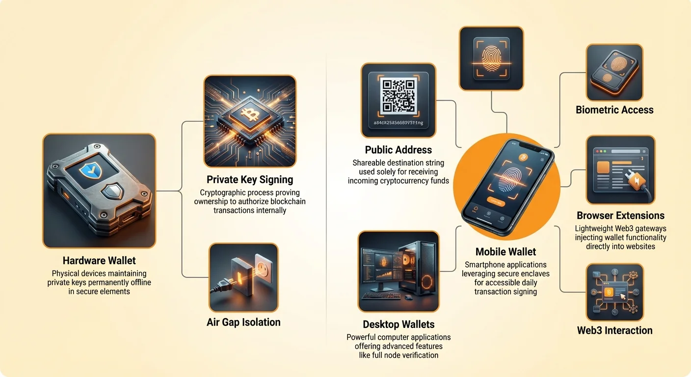 Infographic comparing physical cold storage like hardware wallets and air gaps with digital hot options including mobile apps, browser extensions, desktop wallets, private keys, and public addresses.