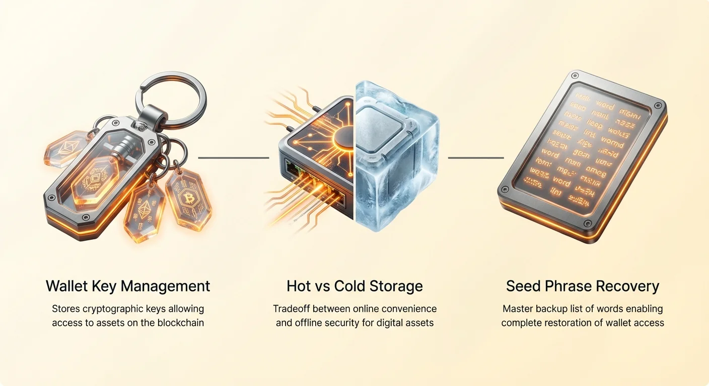 Infographic overview of wallet key management, hot vs cold storage tradeoffs, and seed phrase recovery for cryptocurrency access.