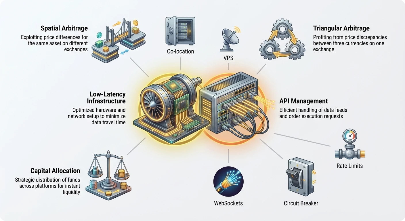 Hub-and-spoke infographic illustrating low-latency arbitrage ecosystem: central low-latency infrastructure and API management connect to spatial arbitrage, triangular arbitrage, capital allocation, co-location, VPS, WebSockets, circuit breakers, and rate limits.