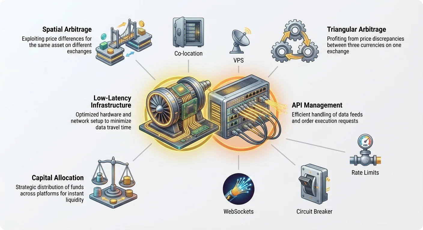 Hub-and-spoke infographic illustrating low-latency arbitrage ecosystem: central low-latency infrastructure and API management connect to spatial arbitrage, triangular arbitrage, capital allocation, co-location, VPS, WebSockets, circuit breakers, and rate limits.