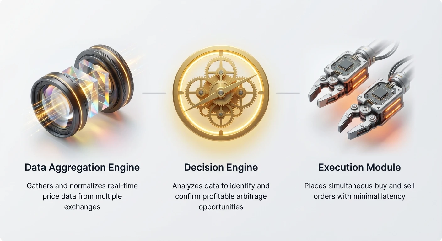 Infographic showing core low-latency arbitrage system: Data Aggregation Engine gathers prices, Decision Engine identifies opportunities, Execution Module places orders, linked via optics, clockwork, robotics visuals.